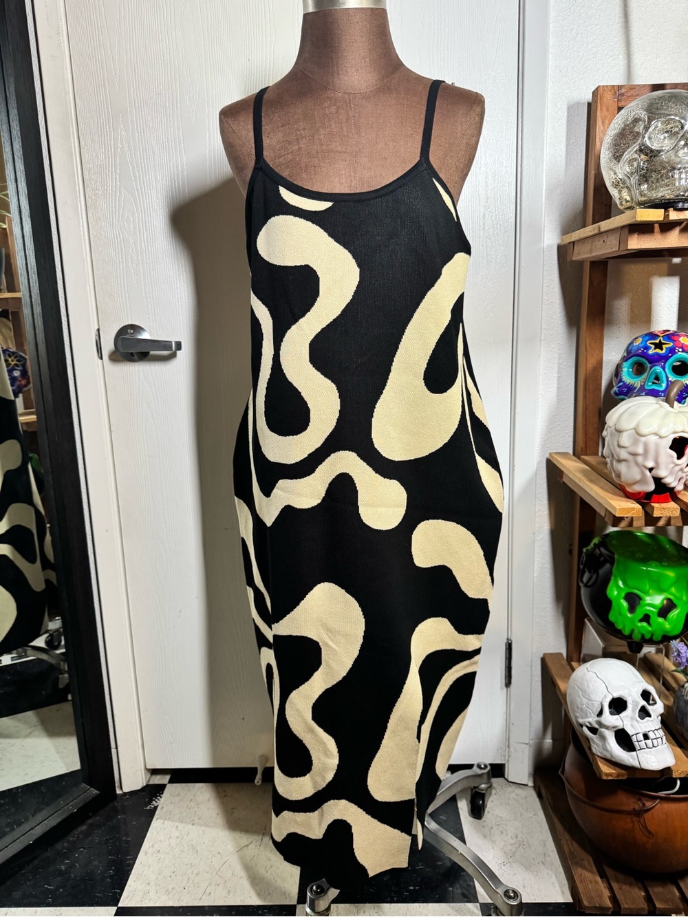Cider Black and Cream Abstract Slip Midi Dress